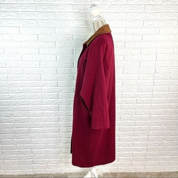 Vintage Jofeld Long Wool Coat Overcoat Burgundy Tan Suede Collar Size Large - Picture 6 of 8